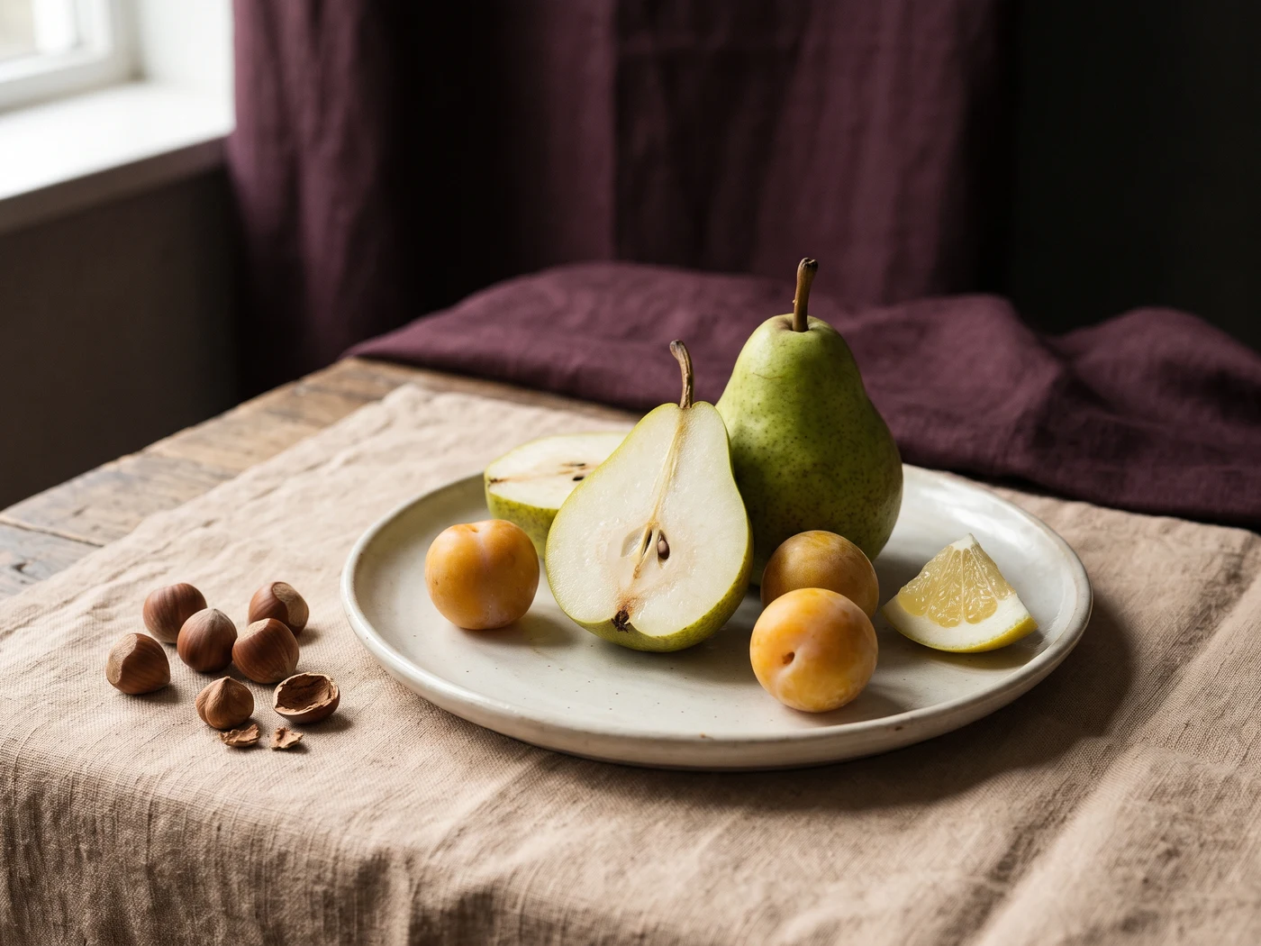 Körte, mirabella és pomelo csendélet